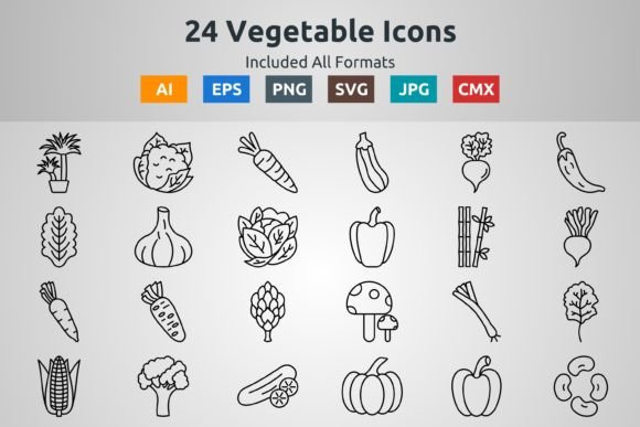 24 Vegetable Outline Icons: Graphics for Sellers